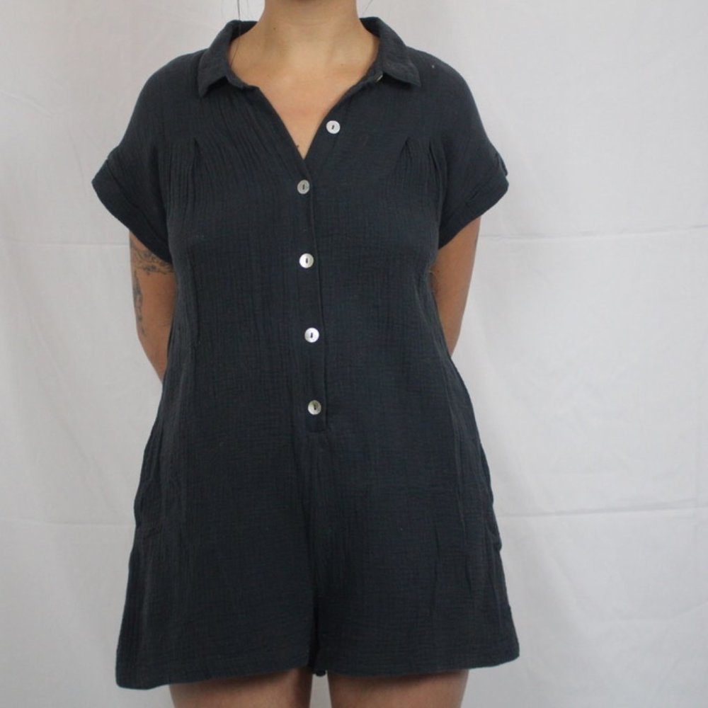 Navy Blue Gauze Collared Romper